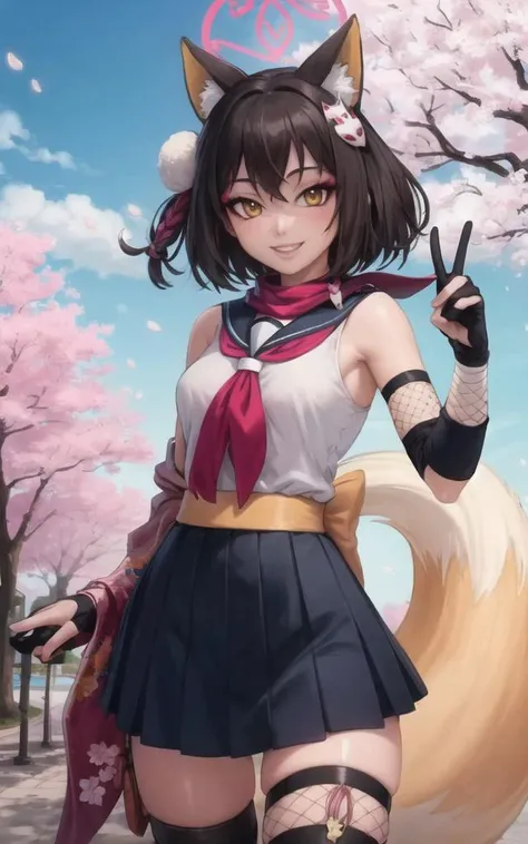 (1girl), (solo), (female focus),
<lora:kudaIzunaBlueArchive_v10:1>, izuna, short hair, fox ears, halo, fox tail, small breasts,
serafuku, sailor collar, sleeveless, skirt, scarf, floral print, fishnets, single thighhigh, hair ornament, partially fingerless gloves,
outdoors, cherry blossoms, park, looking at viewer, posing, smile, visible teeth,
beautiful, (masterpiece:1.2), (best quality:1.2), perfect eyes, perfect face, perfect lighting,
cowboy shot