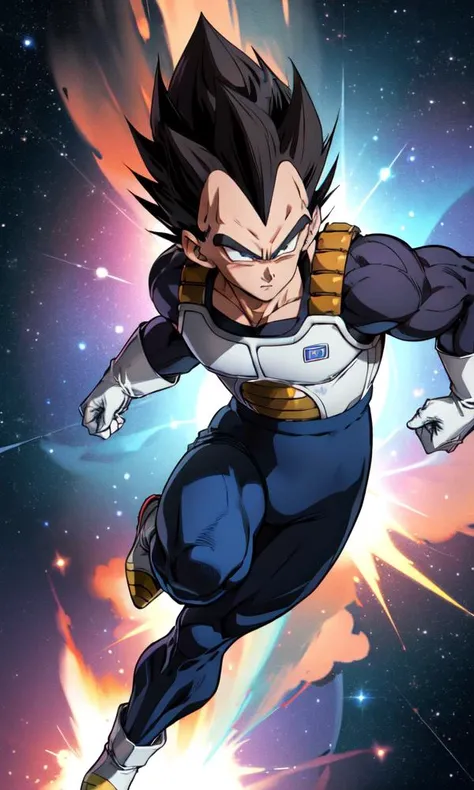 vegeta flying through space, cosmic background, surrounded by powerful aura and energy, (masterpiece, best quality:1.2), solo, male focus, 1boy, serious, perfect black eyes, looking at viewer, black spiked hair, (armor, white gloves, <lora:dbz_vegeta:1>