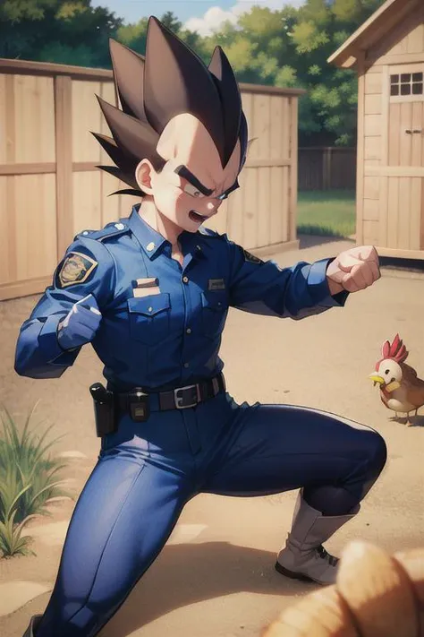 Vegeta, spiked hair, vaporunny, lopunny_ears, chicken coop, fighting stance, police officer costume, <lora:vegetaDragonBallZ_v10:0.8> <lora:vaporunnyTheMost_shrinkV2:0.4>