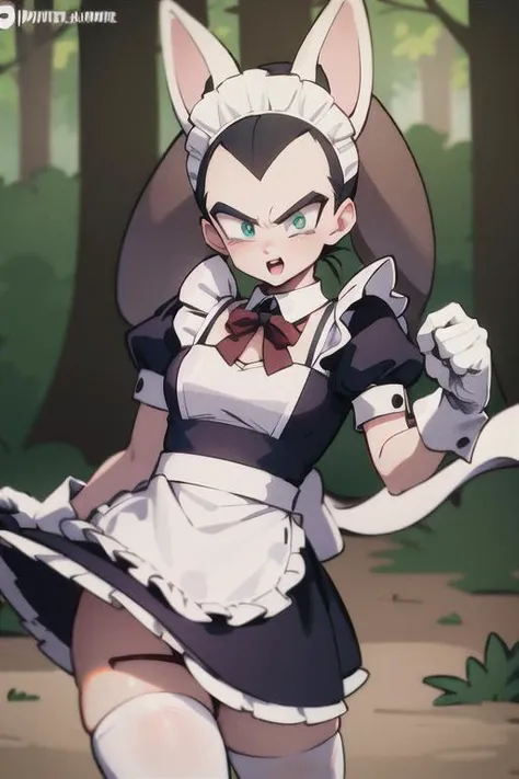 Vegeta, spiked hair, vaporunny, lopunny_ears, forest, enema, maid costume, <lora:vegetaDragonBallZ_v10:0.8> <lora:vaporunnyTheMost_shrinkV2:0.4>