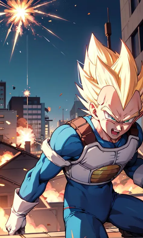 vegeta shooting an enery blast at a daycare center, daycare center building exploding in the background, children crying in the background, (masterpiece, best quality:1.2) perfecteyes eyes, green eyes, solo, male focus, 1boy, laughing, blonde spiked hair, armor, white gloves, blue spandex pants, <lora:dbz_vegeta:1>, <lora:lora_perfecteyes_v1_from_v1_160:0.7>