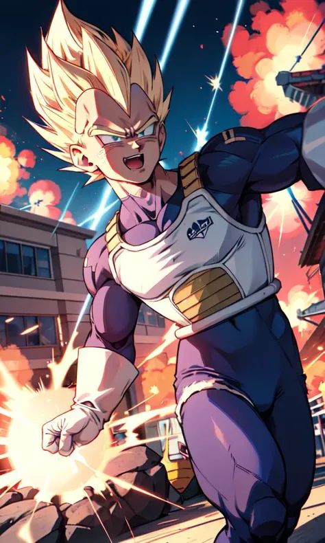 vegeta shooting an eneryblast at a daycare center, urban buildings exploding background, (masterpiece, best quality:1.2) perfecteyes eyes, green eyes, solo, male focus, 1boy, happy, mouth open, blonde spiked hair, armor, white gloves, blue pants, <lora:dbz_vegeta:1>, <lora:lora_perfecteyes_v1_from_v1_160:0.7>