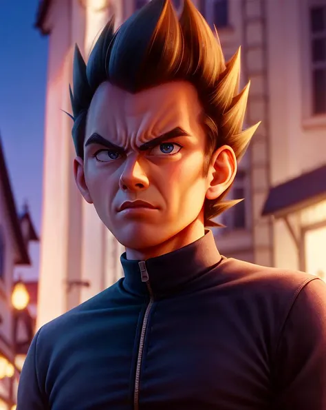 1guy, <lora:vegeta_10:0.1>, Vegeta, black spiked hair, upper body, looking at camera, black eyes, detailed background, town, alley, dark alley, portrait, night, angry, close up, closed mouth,  <lora:illuminationStyle_v2Epoch3Mistoon:0.6>