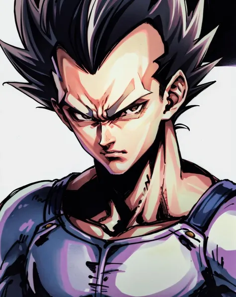 1guy, <lora:vegeta_10:0.1>, Vegeta, black spiked hair, upper body, looking at camera, black eyes, detailed background, close up, closed mouth, <lora:yojiShinkawaStyle_offset:0.7>