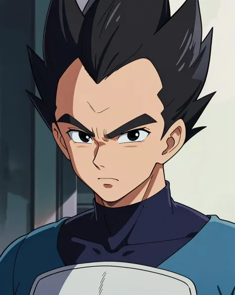 1guy, <lora:vegeta_10:0.1>, Vegeta, black spiked hair, upper body, looking at camera, black eyes, detailed background, close up, closed mouth, <lora:studioGhibliStyle_offset:0.7>