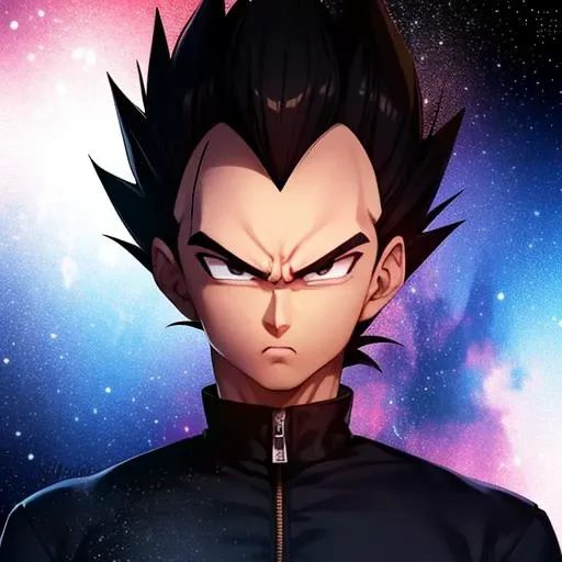 masterpiece, best quality, solo, male focus, olrhnra , vegeta, serious, looking at viewer, black spiked hair, black eyes, detailed face, hewoworc, cloud,colorful, starry,stars, <lora:dbz_vegeta:0.4> <lora:LAS:1>