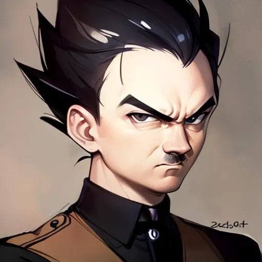 masterpiece, best quality, solo, male focus, olrhnra , vegeta, serious, looking at viewer, black spiked hair, black eyes, detailed face, adolf hitler, <lora:dbz_vegeta:0.4>, <lora:Adolf-Diffusion2:0.8>