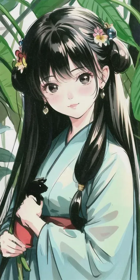 masterpiece, highres, high quality, 4k, 8k, ultra-detailed,1girl, animal, black eyes, black hair, blush, bunny, cat, flower, hair flower, hair ornament, holding animal, long hair, looking at viewer, solo, upper body,<lora:gufeng:0.6>