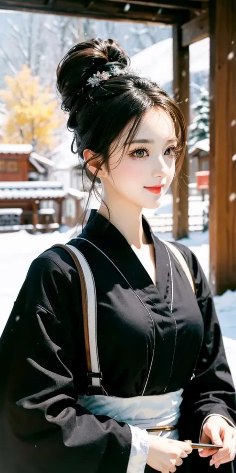 (masterpiece:1.2), best quality, masterpiece, highres, original, extremely detailed wallpaper, perfect lighting,(extremely detailed CG:1.2), drawing, paintbrush,1girl, black_eyes, black_hair, closed_mouth, hair_bun, looking_at_viewer, smile, snow, solo, colorful, outdoor, <lora:gufeng-v1:0.6>