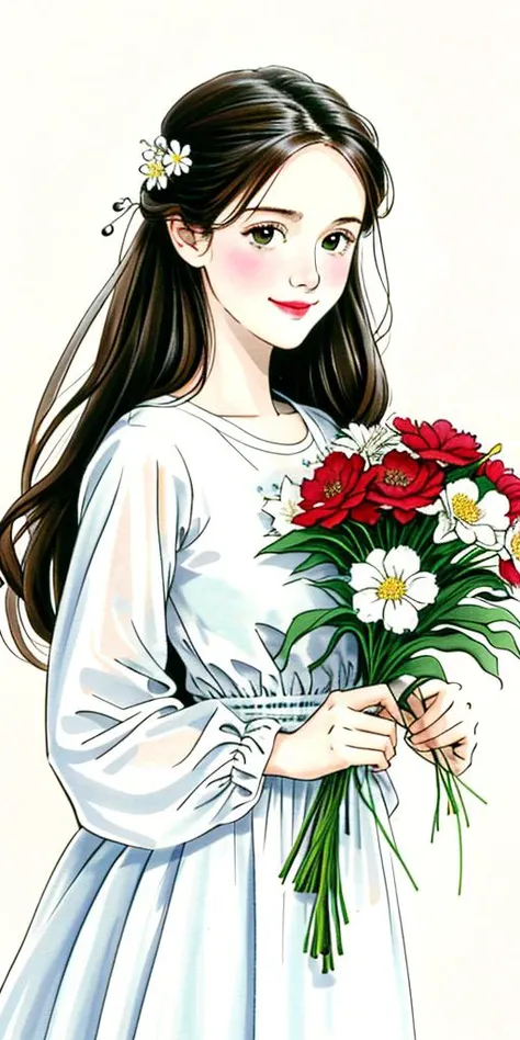 masterpiece, 4k,8k, highres, high quality, ultra-detailed, 1girl, black hair, bouquet, brown eyes, camellia, closed mouth, daisy, dress, floral background, flower, hair flower, hair ornament, holding, holding bouquet, holding flower, lily \(flower\), long sleeves, looking at viewer, lotus, simple background, smile, snowflakes, solo, white background, white flower, white rose,<lora:gufeng-v3:0.6>