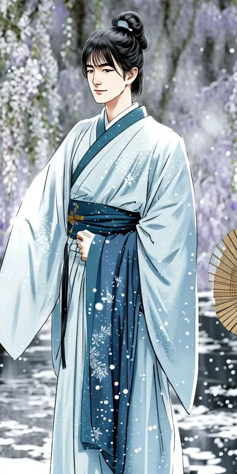 masterpiece, 4k,8k, highres, high quality, ultra-detailed, 1boy, bare tree, black hair, blurry, blurry background, branch, depth of field, folding fan, forest, hand fan, holding, japanese clothes, kimono, long sleeves, looking at viewer, nature, outdoors, pine tree, smile, snow, snowflakes, snowing, solo, topknot, tree, wide sleeves, winter, wisteria,<lora:gufeng-v3:0.7>