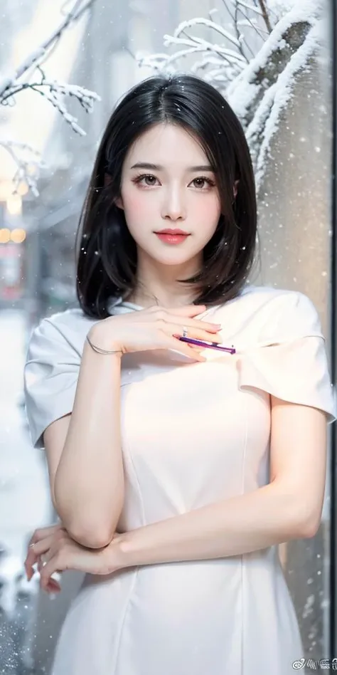 (masterpiece:1.2), best quality, masterpiece, highres, original, extremely detailed wallpaper, perfect lighting,(extremely detailed CG:1.2), drawing, paintbrush,1girl, black_eyes, black_hair, closed_mouth, hair_bun, looking_at_viewer, smile, snow, solo, colorful, outdoor, <lora:gufeng-v1:0.6>