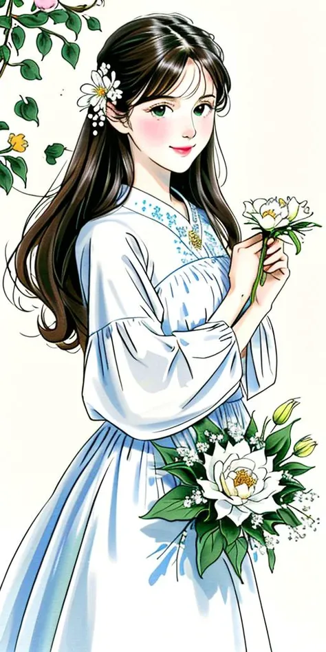 masterpiece, 4k,8k, highres, high quality, ultra-detailed, 1girl, black hair, bouquet, brown eyes, camellia, closed mouth, daisy, dress, floral background, flower, hair flower, hair ornament, holding, holding bouquet, holding flower, lily \(flower\), long sleeves, looking at viewer, lotus, simple background, smile, snowflakes, solo, white background, white flower, white rose,<lora:gufeng-v3:0.6>