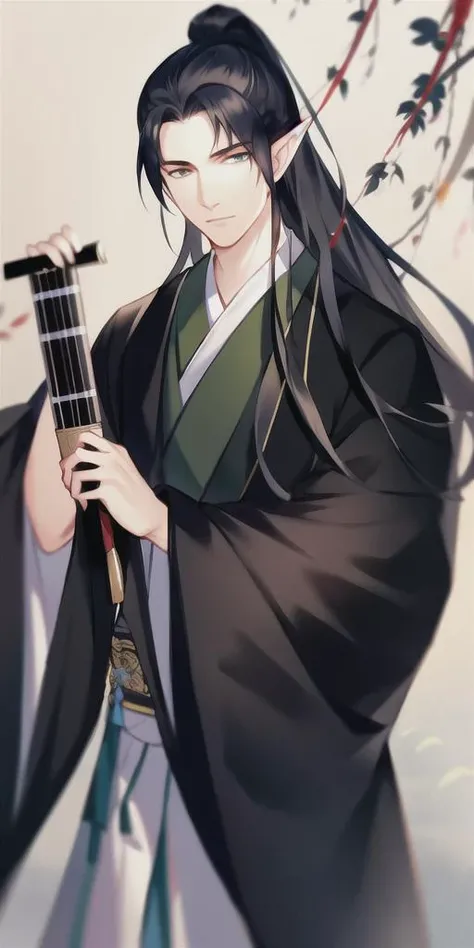 masterpiece, highres, high quality, 4k, 8k, ultra-detailed,1boy, black hair, chinese clothes, open eyes, flute, folding fan, grass, hanfu, holding, holding instrument, instrument, japanese clothes, long hair, long sleeves, male focus, music, playing instrument, pointy ears, skirt, solo, standing, sword, weapon, wide sleeves,<lora:gufeng:0.6>
