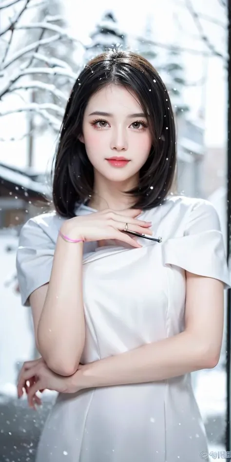 (masterpiece:1.2), best quality, masterpiece, highres, original, extremely detailed wallpaper, perfect lighting,(extremely detailed CG:1.2), drawing, paintbrush,1girl, black_eyes, black_hair, closed_mouth, hair_bun, looking_at_viewer, smile, snow, solo, colorful, outdoor, <lora:gufeng-v1:0.6>