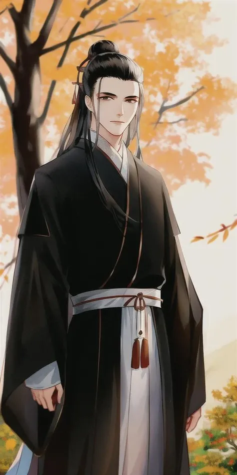 masterpiece, best quality,4k,8k,highres,ultra-detailed,1boy, black hair, long hair, chinese clothes, open eyes, hanfu, standing, looking at viewer, male focus, red ribbon, solo, in tree, outdoors, tree, <lora:gufeng_v2:0.65>