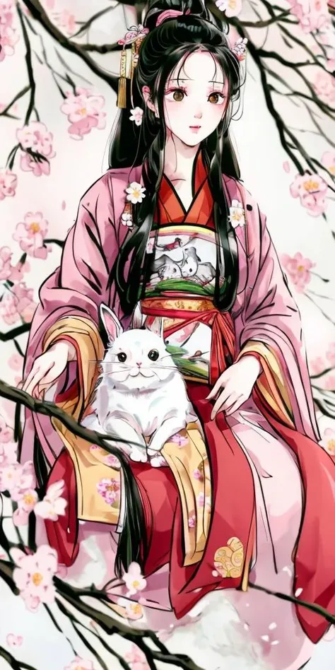 masterpiece, best quality,4k,8k,highres,ultra-detailed, 1girl, animal, cat, bunny, flower, holding animal, black hair, long hair, chinese chothes, open eyes, hanfu, stading, red ribbon, solo, in tree, outdoor, tree, <lora:gufeng-v1:0.8>