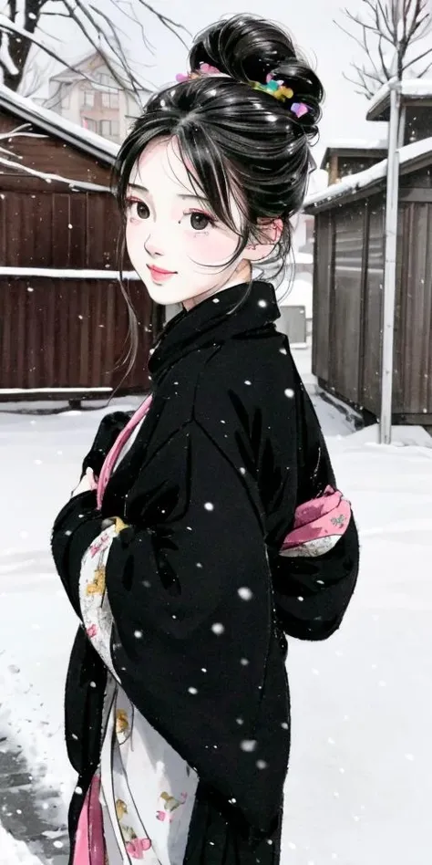 masterpiece, best quality,4k,8k,highres,ultra-detailed, 1girl, bird, black_eyes, black_hair, closed_mouth, hair_bun, looking_at_viewer, smile, snow, solo, colorful, outdoor, <lora:gufeng-v1:0.7>