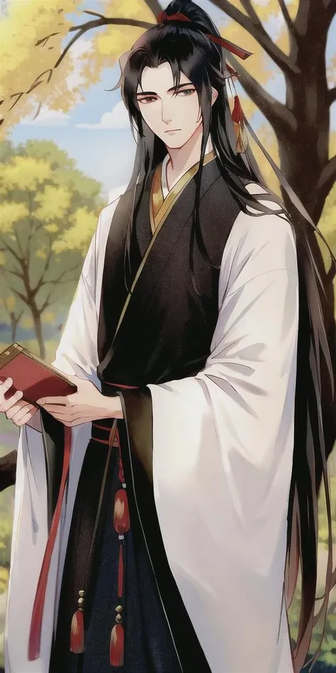 masterpiece, best quality,4k,8k,highres,ultra-detailed,1boy, black hair, long hair, chinese clothes, open eyes, hanfu, standing, looking at viewer, male focus, red ribbon, solo, in tree, outdoors, tree, <lora:gufeng_v2:0.65>