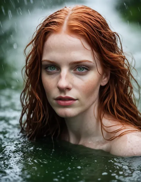 A close portrait of a red-haired, beautiful, young, naked and wet body woman on a lake. It is hot, sweat trickles down her skin