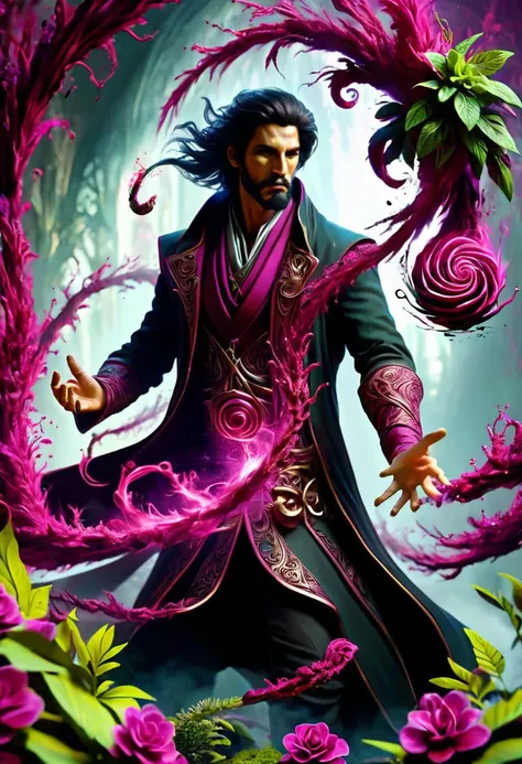 hyper detailed masterpiece, dynamic, awesome quality, male thaumaturge Casting spells enchant shaped like Maelstrom of magenta bloody plant and plant manipulation DonMM4g1cXL <lora:DonMM4g1cXL_v1.2:0.8>