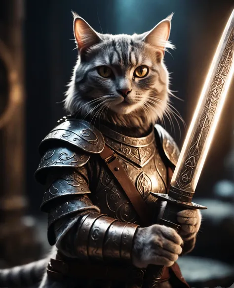 cinematic film still cat wizard, holding a sword, rune armor, glowing runes, gems, wrathful eyes, majestic, epic, masterpiece, amazing details, dends and rust on armor
. shallow depth of field, vignette, highly detailed, high budget, bokeh, cinemascope, moody, epic, gorgeous, film grain, grainy