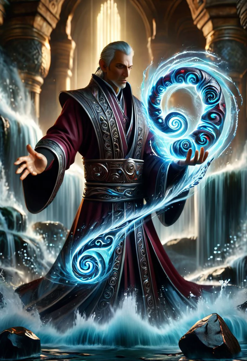 hyper detailed masterpiece, dynamic, awesome quality, male priest, water manipulation (controlling water flow and shape) Wielding conjuration shaped like Spiral of burgundy lava metal and curses DonMM4g1cXL <lora:DonMM4g1cXL_v1.2:0.8>