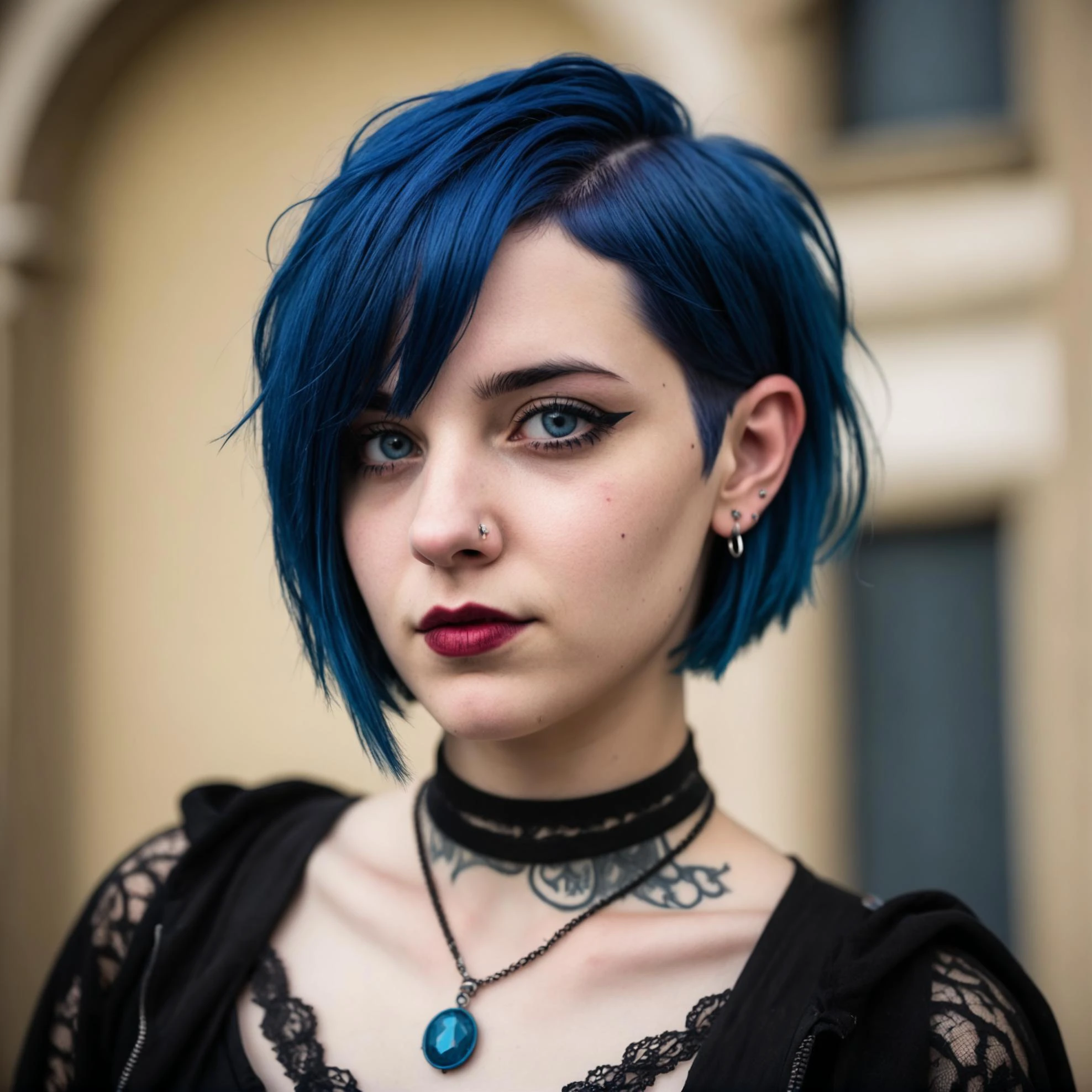 face portrait of a 20 years old woman , gothic short blue hair, ruby piercing