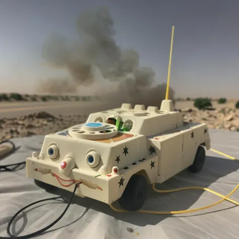 humvee phone toy FisherPricePhone1024, desert storm, iraq, smoke, pickup truck toyphone FisherPricePhone1024, cinematic explosion