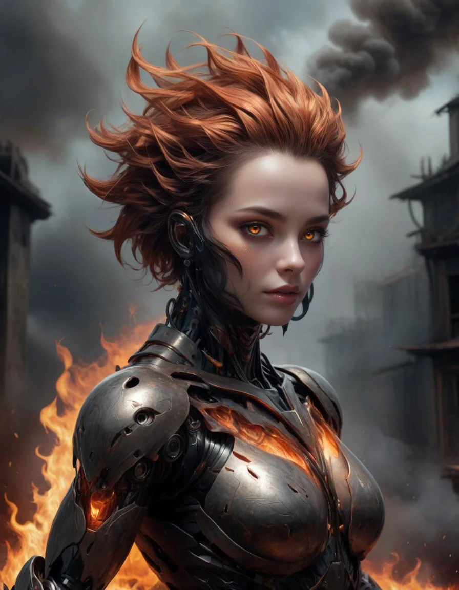 The artwork features a humanoid robot with a natural human head and skin, engulfed in fiery flames that dance across its metallic body. The character has an angry expression on its face, snarling to emphasize its powerful physique and imposing presence. The artwork incorporates Bastien Lecouffe-Deharme's style for a unique blend of realism and fantasy elements, with niji style used to enhance the overall visual experience. The mood is intense and dramatic, with a dark smoky background adding depth to the scene. Every detail is hyper-detailed and sharply focused, adhering strictly to the rule of thirds for composition. The artwork is a captivating piece that showcases the artist's skill in creating visually stunning and emotionally charged images,