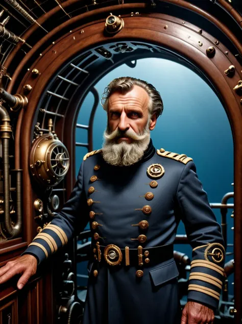 photo focus on male focus, indoors, realistic scenery, (captain nemo:1.1),   looking at viewer ,  close-up, arch, chair, loaded <lora:Nautilus:.85>, military uniform, steampunk nautilus-style. very wide shot, character photo portrait, film, professional, 4k, highly detailed