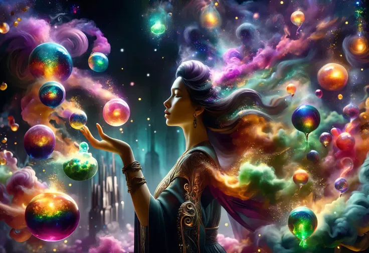 hyper detailed masterpiece, dynamic, awesome quality,female caster casting myriad of tiny swirling vials filled with liquids of every imaginable color, glowing softly, each vial emits a unique pattern of sparkles or smoke, representing the intricate and varied effects of potion magic, air is filled with a symphony of subtle, enchanting scents, hinting at the powerful transformations contained within each concoction DonMM4g1cXL <lora:DonMM4g1cXL_v1.2:1>