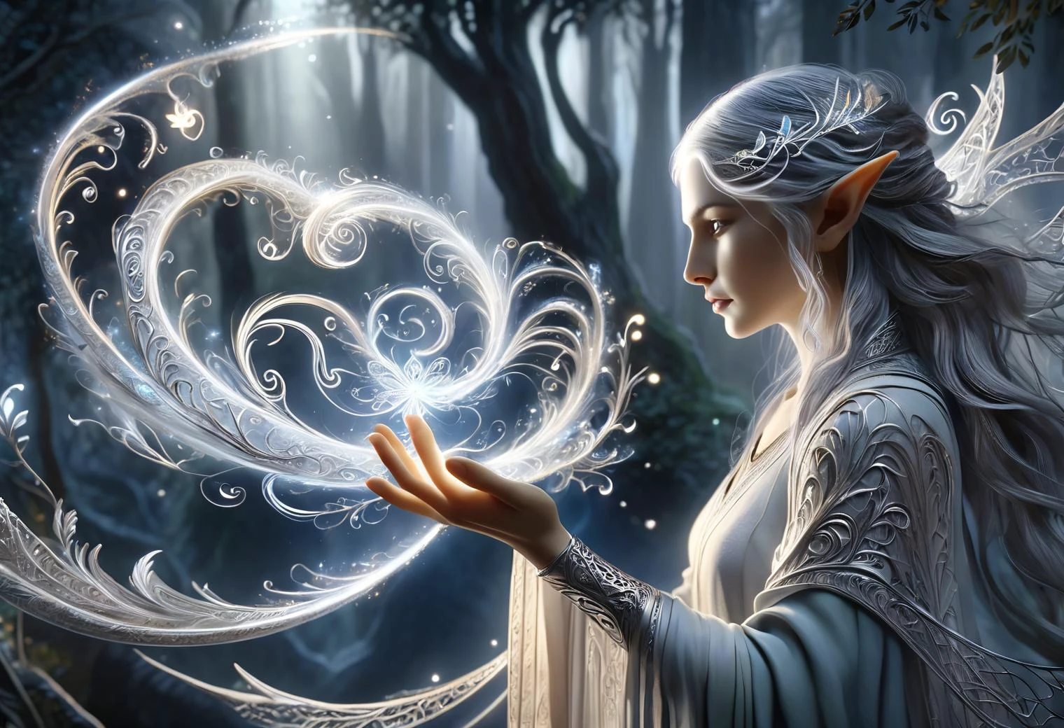 hyper detailed masterpiece, dynamic, awesome quality,female caster casting elven magic ethereal quality, manifesting in shimmering silvery light, weaves intricate patterns in the air, carries the elegance and ancient wisdom, resemble delicate filigree, flowing script in an ancient tongue, faint harmonious melody, distant chorus of ethereal voices, resonate with the natural world, blending the mystical with the beauty of the wild DonMM4g1cXL <lora:DonMM4g1cXL_v1.2:1>