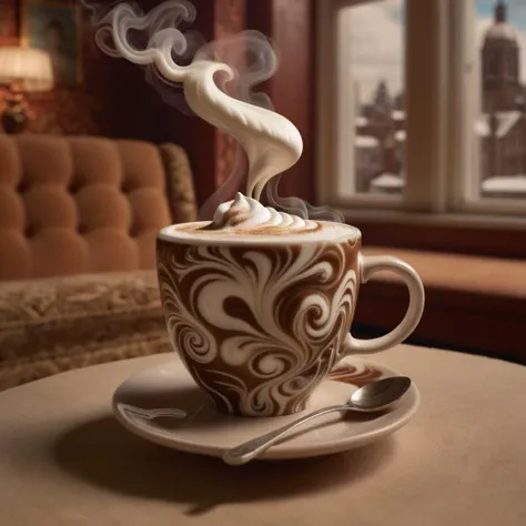 ral-cnvctncrnts steamy milk coffee cup, 1960s parlor in background, ral-cnvctncrnts cappuccino, ornamental spoon