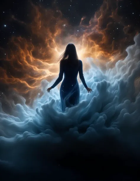 beautiful ancient cosmic being, nebula, ethereal, shapeless, abstract, incorporeal, good composition, masterpiece, realistic photograph, emerging from cosmic clouds, (dissolving:2), looking at viewer