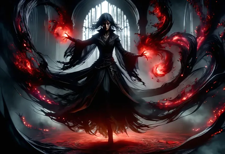 hyper detailed masterpiece, dynamic, awesome quality,female caster casting  amorphous shadow, deeper and darker than night, absorbing light and hope, red eyes flicker within, sinister grace, leaving a feeling of unease and dread DonMM4g1cXL <lora:DonMM4g1cXL_v1.2:1>