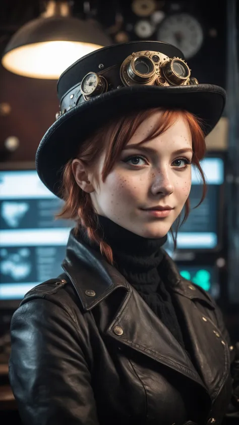 Photograph of a steampunk woman looking at the camera, lightly freckled face, short layered red hair, smiling, perfect teeth, black turtleneck sweater, leather jacket, steampunk top hat, in a dark room with lots of computer screens and electronic equipment, film noir vibe, headshot
