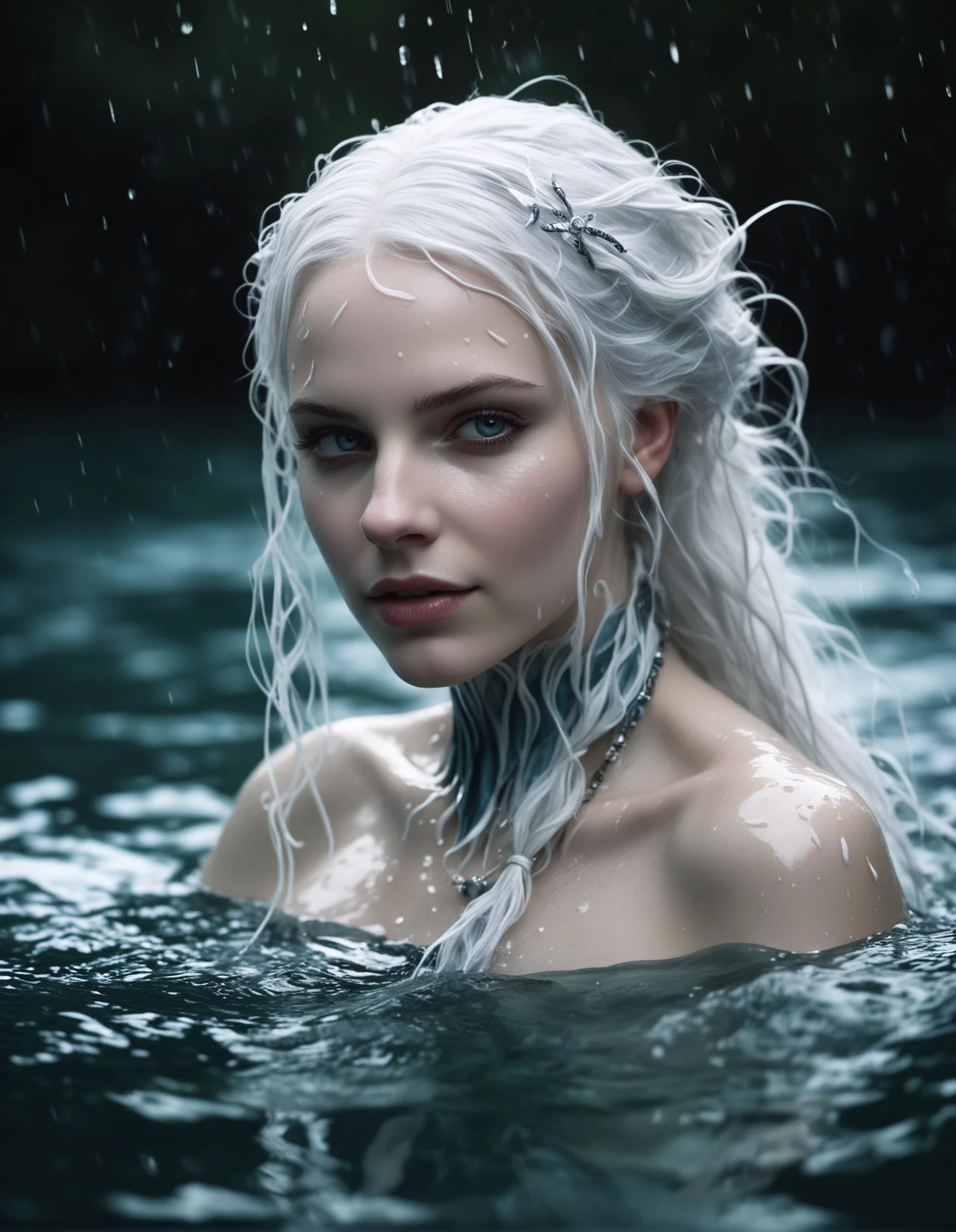 beautiful water sorceress, photograph, wild white hair, porcelain white skin, wet skin