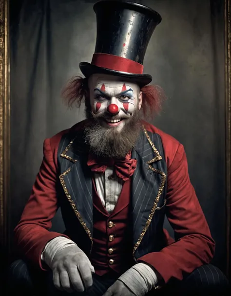Award-winning photo, victorian freak show, metal clown, old, red circus outfit, magnificent beard,top hat, greedy smile, dark atmosphere