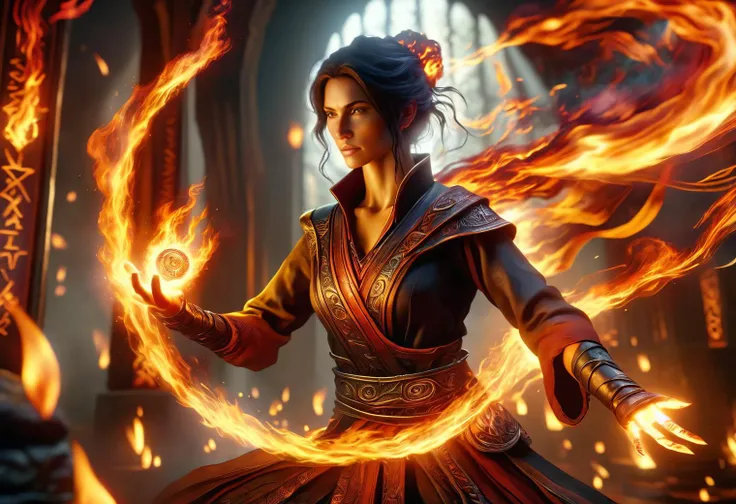 hyper detailed masterpiece, dynamic, awesome quality,female caster casting blazing, encased in ever-shifting flames, glowing intensely with a spectrum of orange, red, yellow, casting a warm, flickering light, ancient runes DonMM4g1cXL <lora:DonMM4g1cXL_v1.2:1>