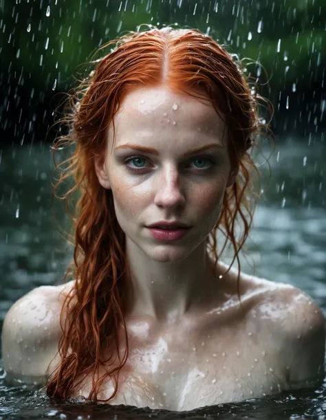 beautiful redhead water sorceress, photograph, porcelain white skin, wet skin, wet hair, wet cheekbones, intense green eyes, soaking, gorgeous, rain, busty, modelesque