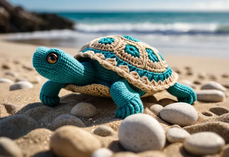 A stunningly intricate (crochet turtle) walks softly on a beach, looking toward the ocean. Exquisite detail, soft bokeh adds an air of mystery to this captivating scene, masterpiece, cinematic lighting, daytime, highly detailed, 8k, sharp, professional, clear, high contrast, high saturated, bokeh, masterpiece, best quality, ultra-detailed, hyper realistic, hyper detailed professional, 35mm photograph, 4k, realistic photography