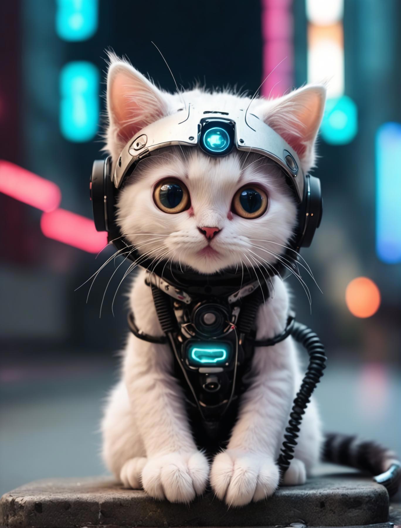 A close up of a cat wearing a helmet and headphones - SeaArt AI
