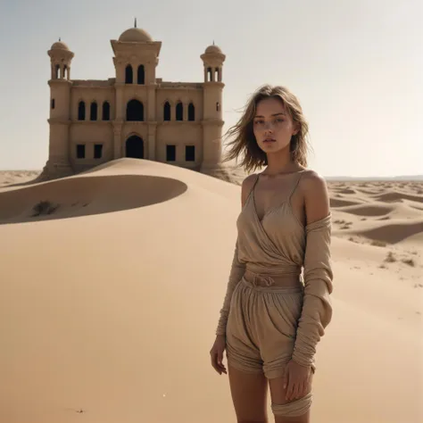 best quality, cinematic film still, city ruins sunken in sand, desert, sand dunes, shimmering sand, in front a young woman wearing sandy outfit