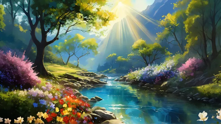a painting of a river with flowers and trees in the background and sunlight shining through the trees and the water, Art Green, beautiful landscape, a matte painting, fantasy art, watercolor painting, strong hues, colorful