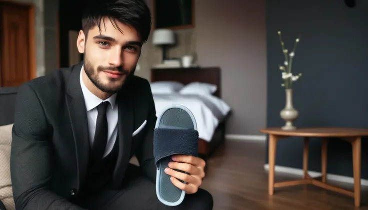A young 25-year-old Bulgarian man with short black hair and a very small black beard, handsome, cute, wearing a nice suit, holding a slipper in his hand, at home, sitting on a couch (next to a table), in his bedroom, 8k quality <lora:add-detail-xl:1>