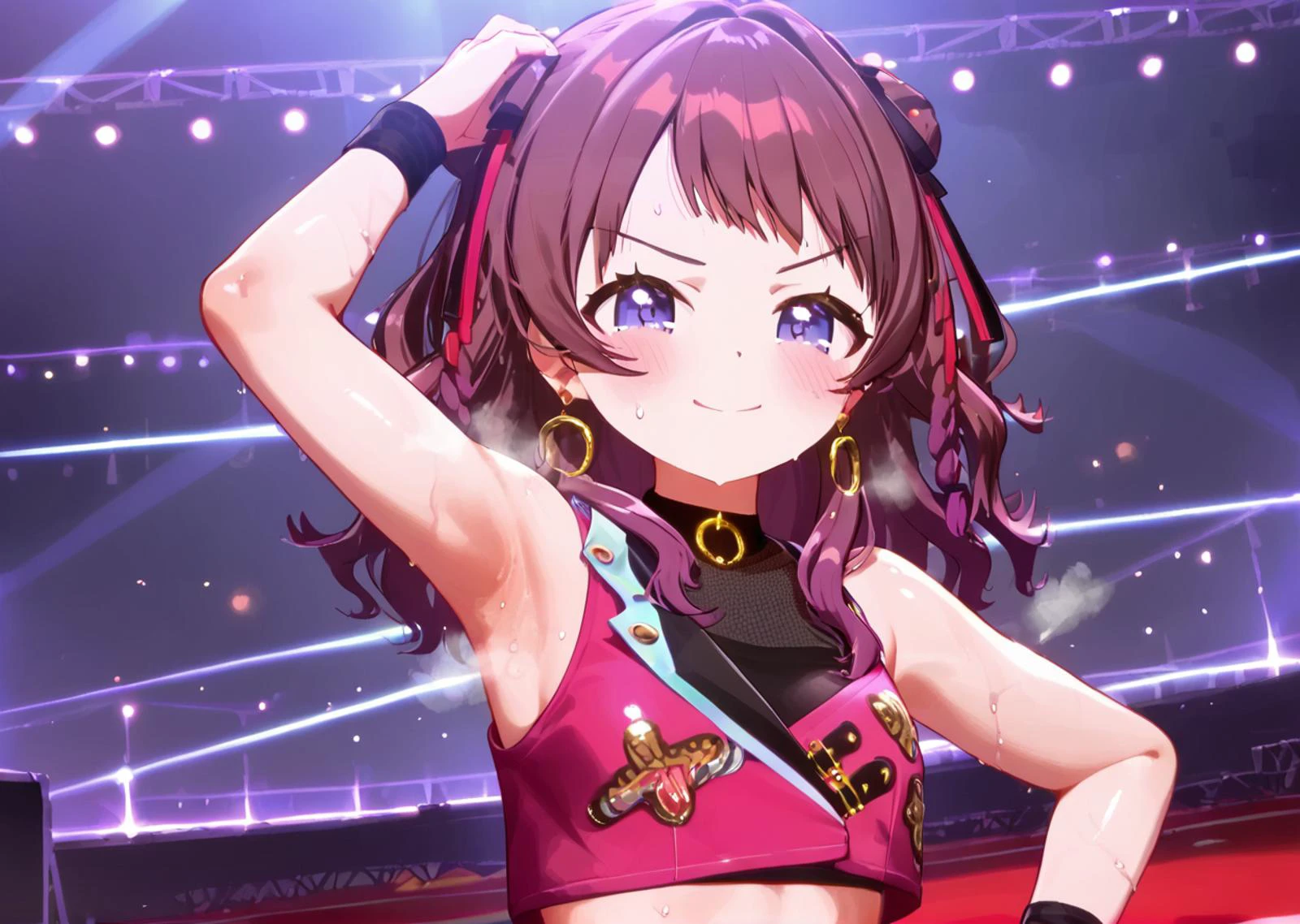 score 9, score 8 up, score 7 up, rating questionable,
detailed background,
<lora:saki.pony:1>,
saki,
medium breasts, shiny skin,
looking at viewer, blush, sweat, steam, sweatdrop, smirk, stage, stage lighting,