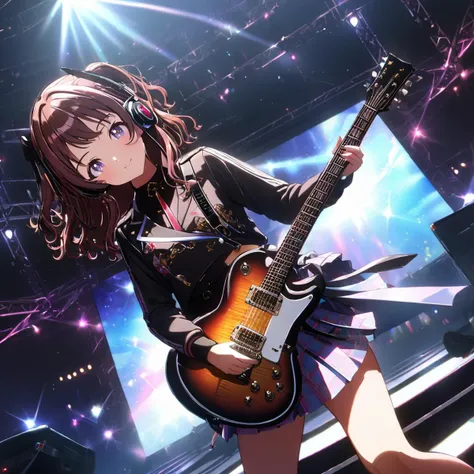 1girl, ((cinematic light)), ultra-detailed,colorful, hyper detail, dramatic light, intricate details, best quality, (detailed background:1.4), (hyper detail,beautiful detailed face, beautiful detailed eyes), high contrast, (best illumination, an extremely delicate and beautiful),(girl:1.5), solo,  electric guitar, guitar, headphones, holding, holding plectrum, instrument,music, one side up,shiny skin,  girl playing an electric guitar,singing with a guitar on stage,stage lights,masterpiece, pleated skirt,miniskirt plaid skirt ,black Over the Knee,  indoors ((caustic)), dynamic angle,beautiful detailed glow,  one side up,solo focus, Gakuen Idolmaster,Hanami Saki, <lora:saki.pony:1>