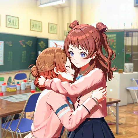 score_9, score_8_up, score_7_up, score_6_up, school, indoors, classroom, pink school uniform, (2girls:1.4), (hugging:1.2), looking_at_another,
ADDCOMM
<lora:hanami.ume.pony:1>, ume, happy,
ADDCOL
<lora:hanami.saki.pony:1>, saki, happy,