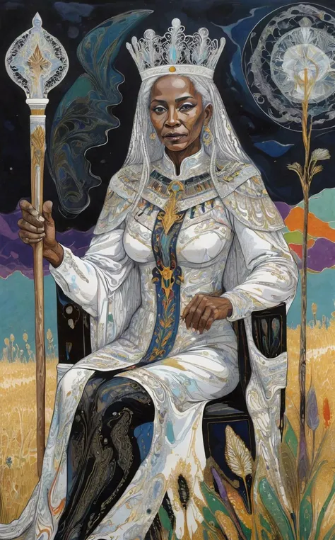 fantasy xlomrblng Fauvism black-tinted drawing, a coloured line drawing of a mature (white-toned:0.3) Cameroonian Tarot The Queen sitting, holding a sceptre in a field, white filigree inlay, intricate, crisp lines <lora:xlomrblng:1>